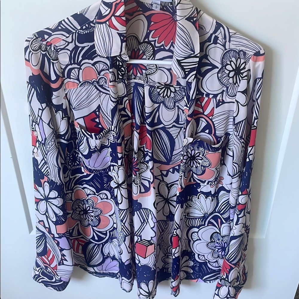 Floral Print Button-Up Blouse - Pink/Navy. Express
